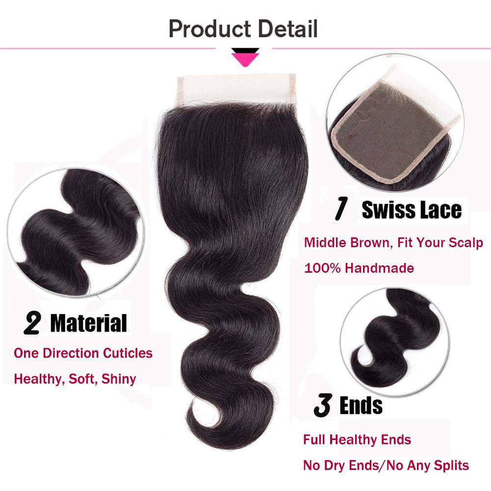 Amella Hair 8A Unprocessed Brazilian Body Wave Bundles with Closure (16 18 20 +16Closure,Natural Black Color) Virgin Brazilian H