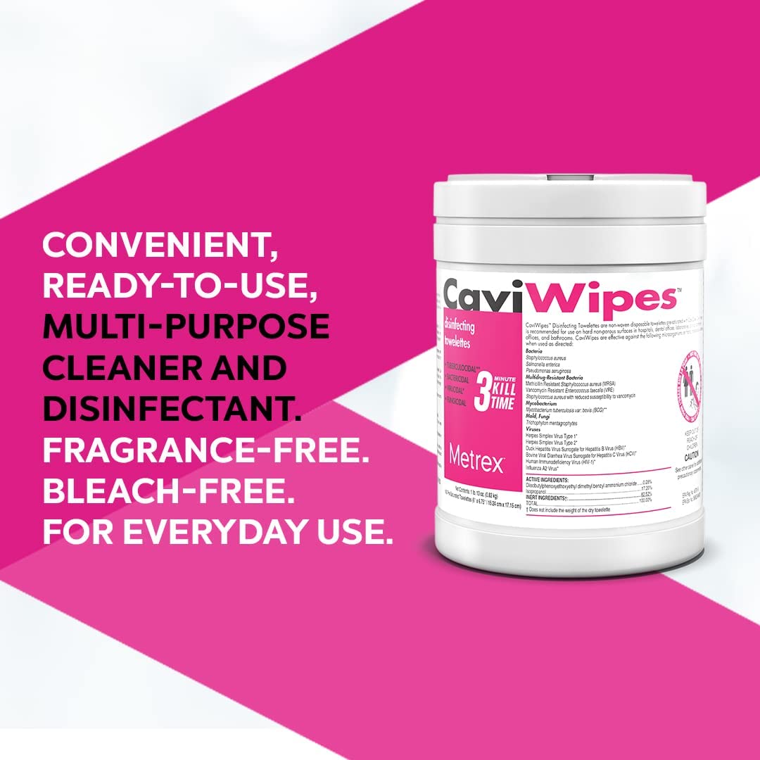 Metrex CaviWipes Disinfecting Towelettes – Fragrance-Free, Durable Non-Woven Disinfecting Wipes, 3-Minute Contact Time, Surface Cleaner for Healthcare & Laboratory Settings – 6" x 6-3/4", 160 Count