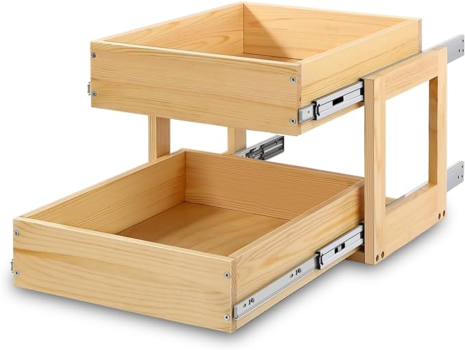 Pull Out Cabinet Organizer, 17''W×21''D×16''H Soft Close Slide Out Wood Drawer Shelves Storage for Kitchen, 2-Tier, Finished, Heavy-Duty, Bottom Assembly
