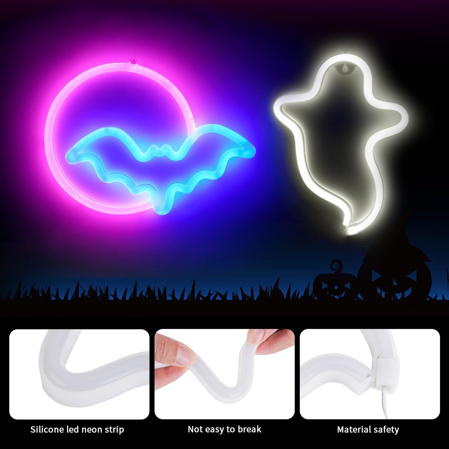 Brightdeck 2 Pack Halloween Neon Signs  White Ghost  Blue Bat Full Moon Neon Lights Decorations  Usb/Battery Powered Led Neon Sign For Halloween Wall Decor  Bedroom  Kids Gift  Bar  Party(Full Moon)