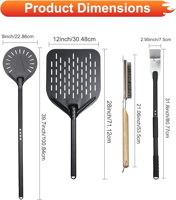 4PCS Perforated Pizza Peel 9&12 Inch, Heat-Resistant Oven Mitts, Bubble Spinner Turning Fork Pizza Peel Oven Tool Kit with 40 Inch Aluminum Handle for Home & Outdoor Pizza Ovens