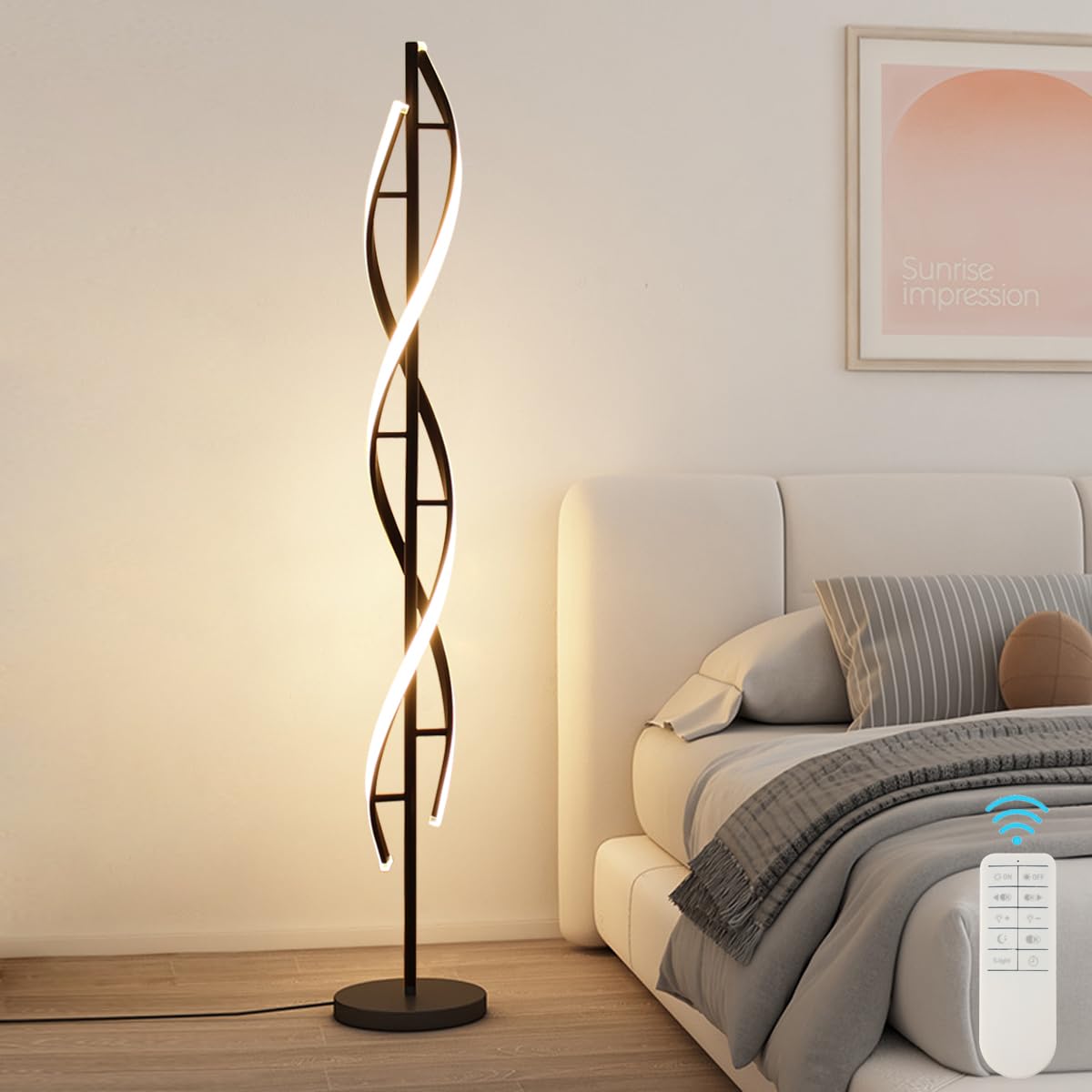 LENIVER LED Spiral Floor Lamp, Dimmable with Remote Control, Modern Design, Black, Model LNV-FL04-B
