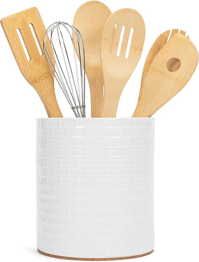 Elanze Designs Embossed Subway Tile Ceramic Stoneware Cork Bottom Kitchen Utensil Holder, White