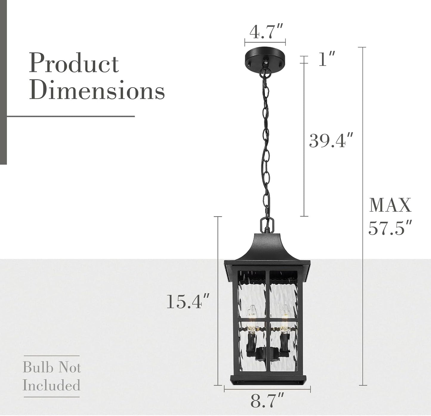 Emliviar 15.4 Inch Adjustable Exterior Lantern Hanging Light, Dusk to Dawn Sensor Hanging Lantern Light Fixture, Water Ripple Glass, 2 x E12 Bulb Base, YXE306H-M-PC BK-SW