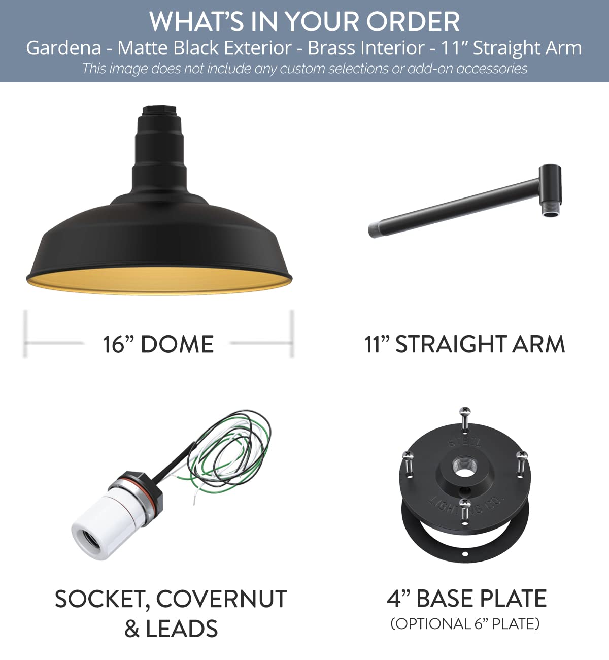 Steel Lighting Co. Gardena Barn Light - Outdoor Wall Mounted, 16 Dome, 11 Straight Arm, Matte Black/Brass Interior, Made In America