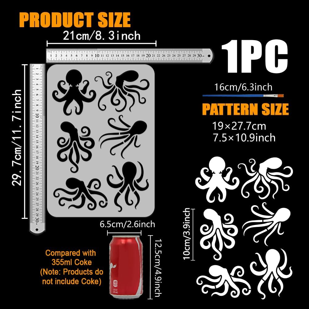 FINGERINSPIRE Octopuses Stencil with 1Pc Plastic Paint Brush 8.3x11.7inch Reusable Octopus Pattern Animal Theme Template for Painting on Wall Wood Fabric Canvas Furniture DIY Home Decoration