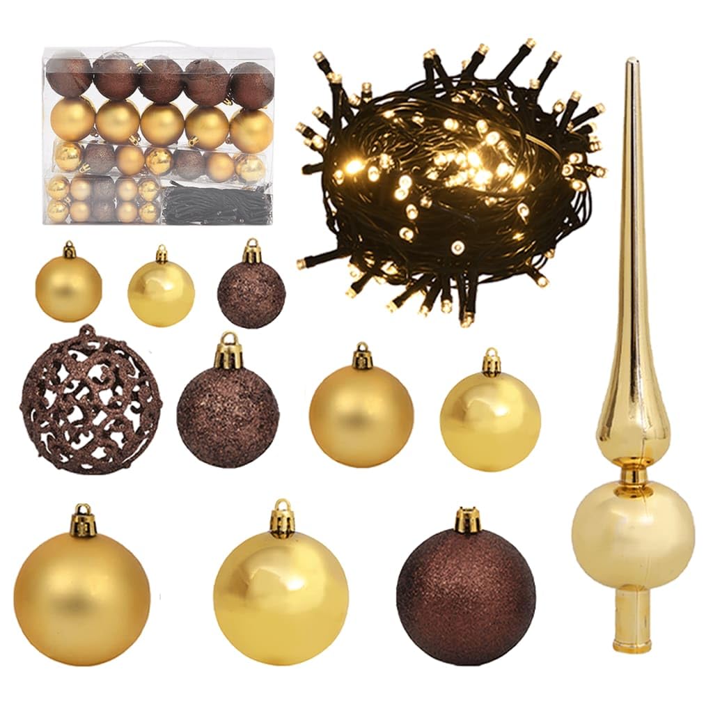vidaXL Christmas Ball Set, 61 Pieces with 150 LEDs, Gold & Bronze, Plastic, Model 48879925297481