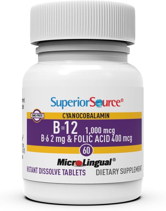 Superior Source No Shot Vitamin B-12 Cyanocobalamin 1000 mcg, B-6, Folic Acid 400 mcg - Support Brain & Heart Health - Aids Natural Energy Levels - 60 Sublingual Dissolving Tablets