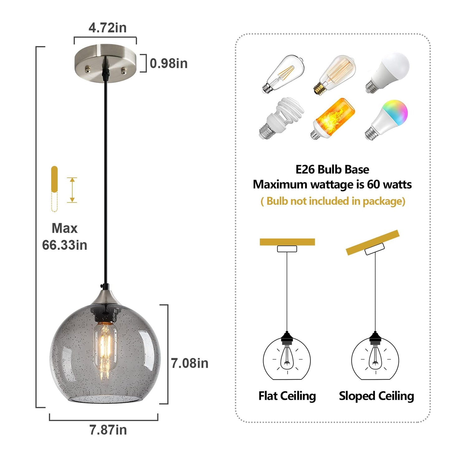 Lbsqj Light Grey Glass Pendant Lights Kitchen Island Lighting Globe Pendant Light Fixtures Modern Pendant Lighting For Bedroom Living Dining Room Light Fixture (7.87 In  2 Pack)