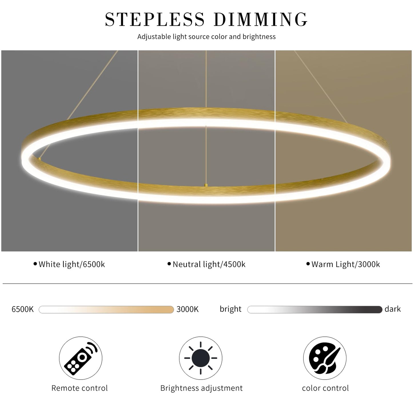Mikeru Modern LED Chandelier Light with Remote Control, Adjustable 3000K-6500K, 23.6IN, F-Gold, Aluminum Material