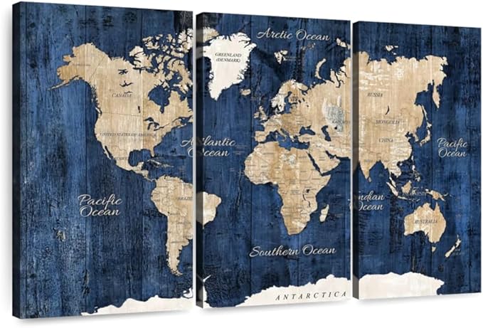 ElephantStock Aged Blue World Map II Canvas - 3 Panel Wall Decor - World Map Digital Art - Blue Wall Art - 23" X 14"