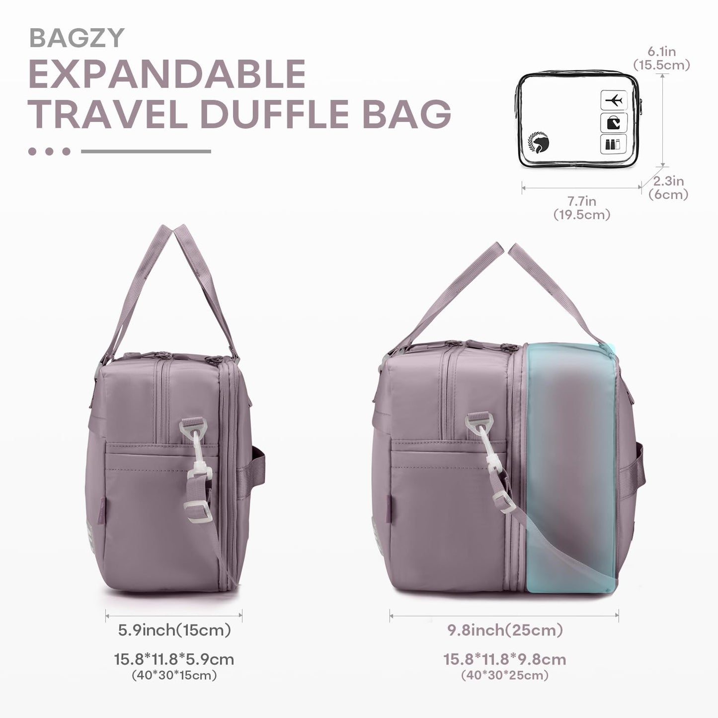 BAGZY 40x30x15cm Personal Item Bag Expandable 40x30x25cm Gym Bag Lightweight Travel Duffle Bag Mens Weekender Bags for Women with Wet Pocket for Overnight Hospital Carry on Bags for Airplanes Purple