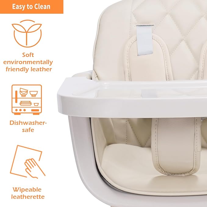 Mallify 3-in-1 Convertible Wooden High Chair, High Chairs for Babies and Toddlers, Baby High Chair with Adjustable Legs & Dishwasher Safe Tray, Made of Sleek Hardwood & Premium Leatherette, Beige