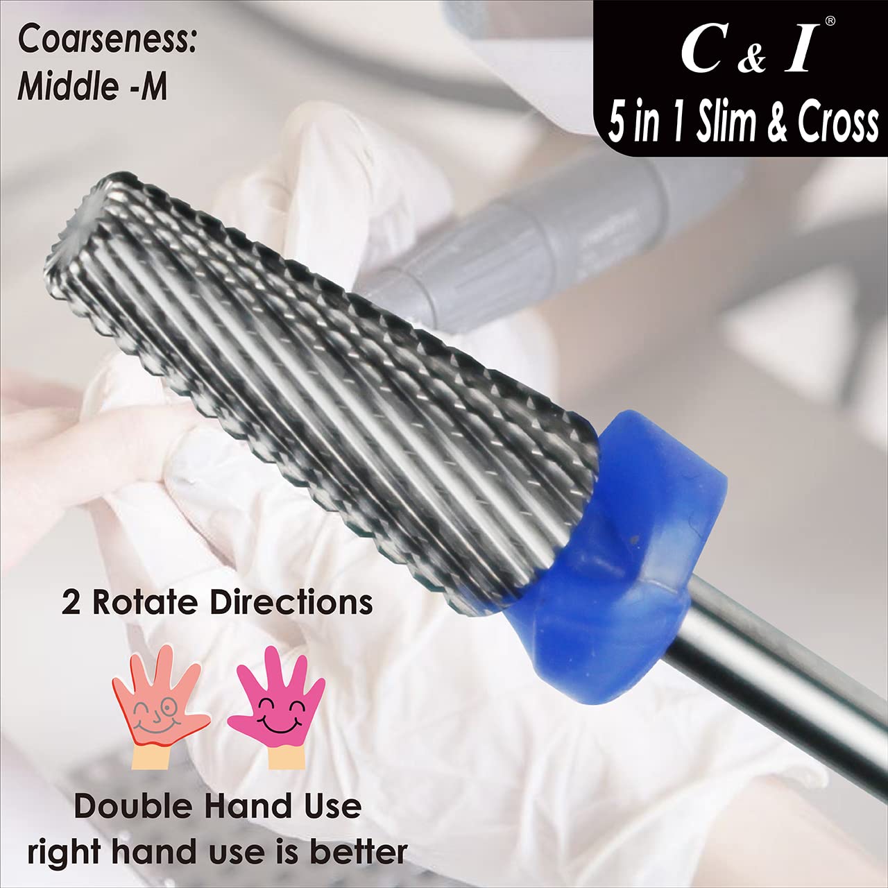 C & I 5 in 1 Nail Drill Bit, Cross & Slim Edition, Professional Nail Drills for Electric Manicure Drill Machine (Middle -M)