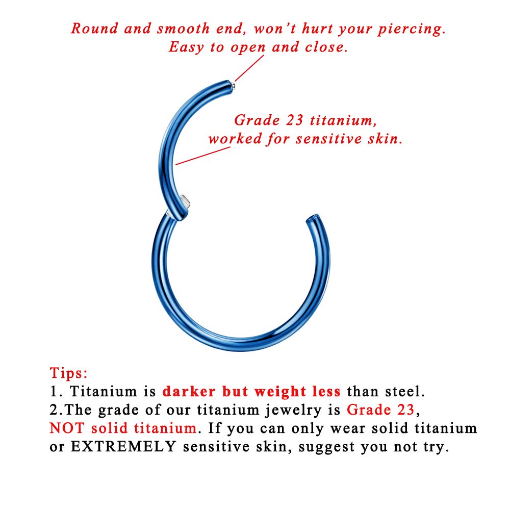 FANSING Blue Titanium Nose Rings for Women 18G 7mm Nose Hoop 18 Gauge Cartilage Earring Hoops for Helix Earlobe Rook Tragus Sept