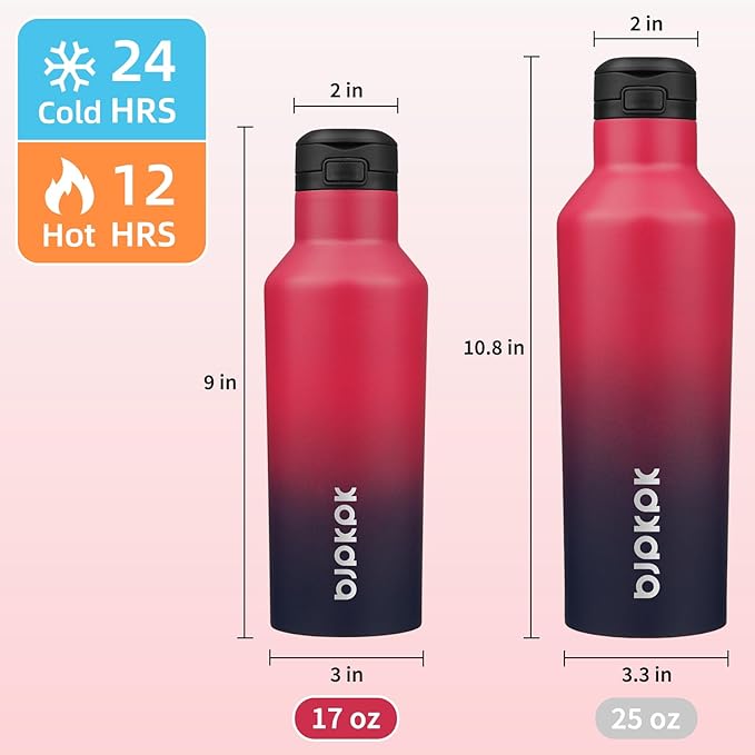 BJPKPK Insulated Water Bottle With Straw 17oz Stainless Steel Water Bottles With 2 Lids And Carry Handle Reusable Travel Metal Thermal Flask,Charming Black Red