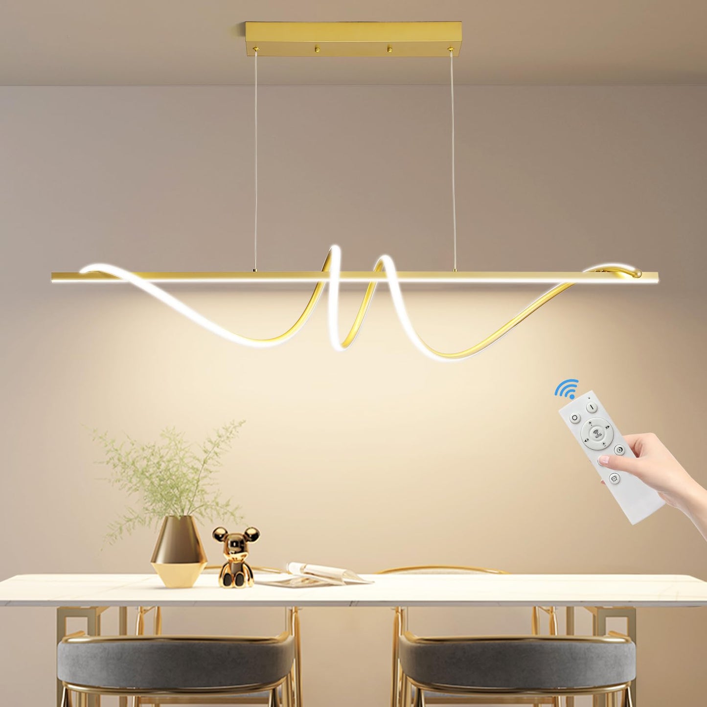 Mikeru Modern LED Pendant Light, Dimmable Chandelier 59in, Aluminum, Gold, Model LX-120, Adjustable Color Temperature 3000K-6500K