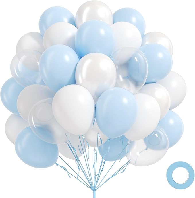 60pcs Blue and White Balloons 12inch, Clear Pearl White Light Blue Balloons for Baby Shower Birthday Party Decorations