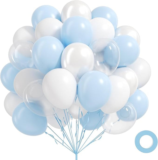 60pcs Blue and White Balloons 12inch, Clear Pearl White Light Blue Balloons for Baby Shower Birthday Party Decorations