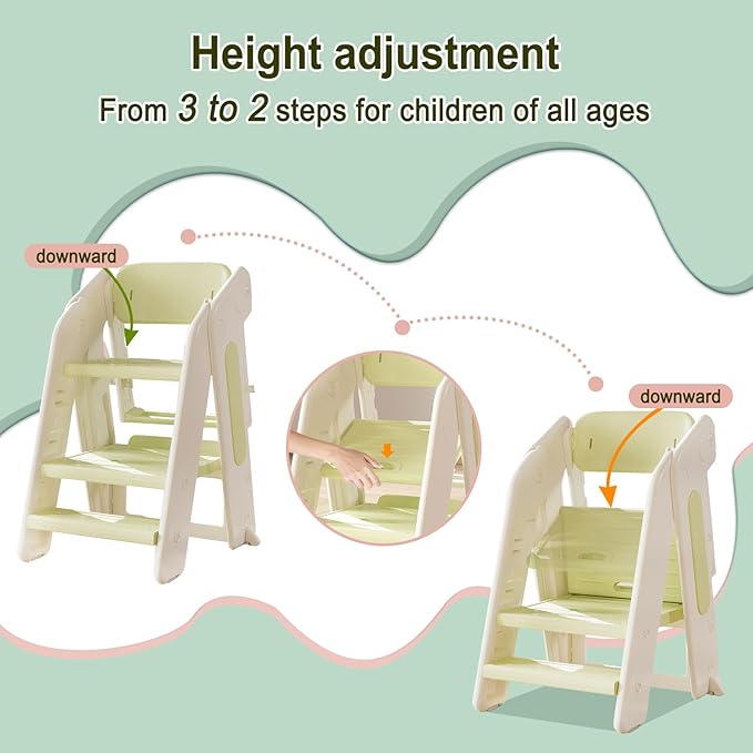 Toddler Tower Kitchen Stool Helper,Foldable/Adjustable Height Kids StandingTower Stool W/CPC Certification,for Kitchen Counter Bathroom Sink Cooking Child Ladder for Toddlers W/Safty Rail(Green White)