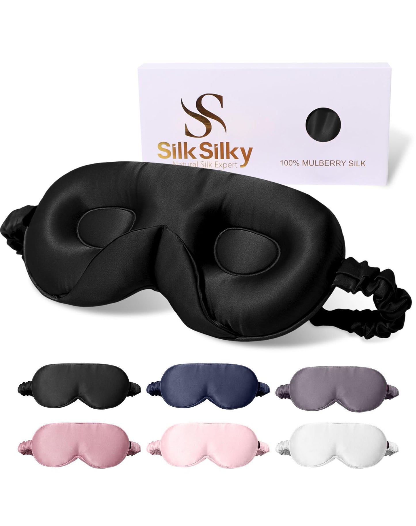 SilkSilky 100% 22 Momme Mulberry Silk Sleep Mask – Upgraded 3D Contoured Eye Mask with Nose Wing Pads & Adjustable Strap, Luxury Blackout Eye Cover for Women & Men (Black)