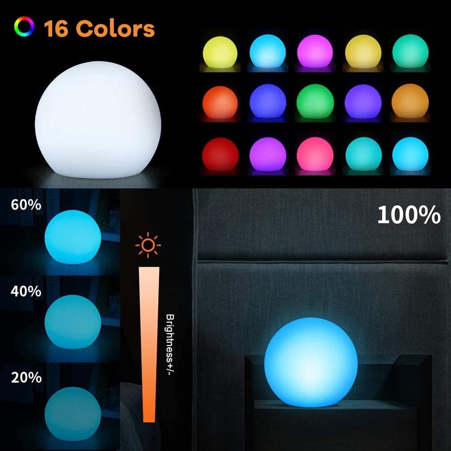 Borelor Floating Pool Lights, 3-Inch USB Rechargeable Globe Lamp, IP68 Waterproof, 16 Color Change, White, 1 Pack