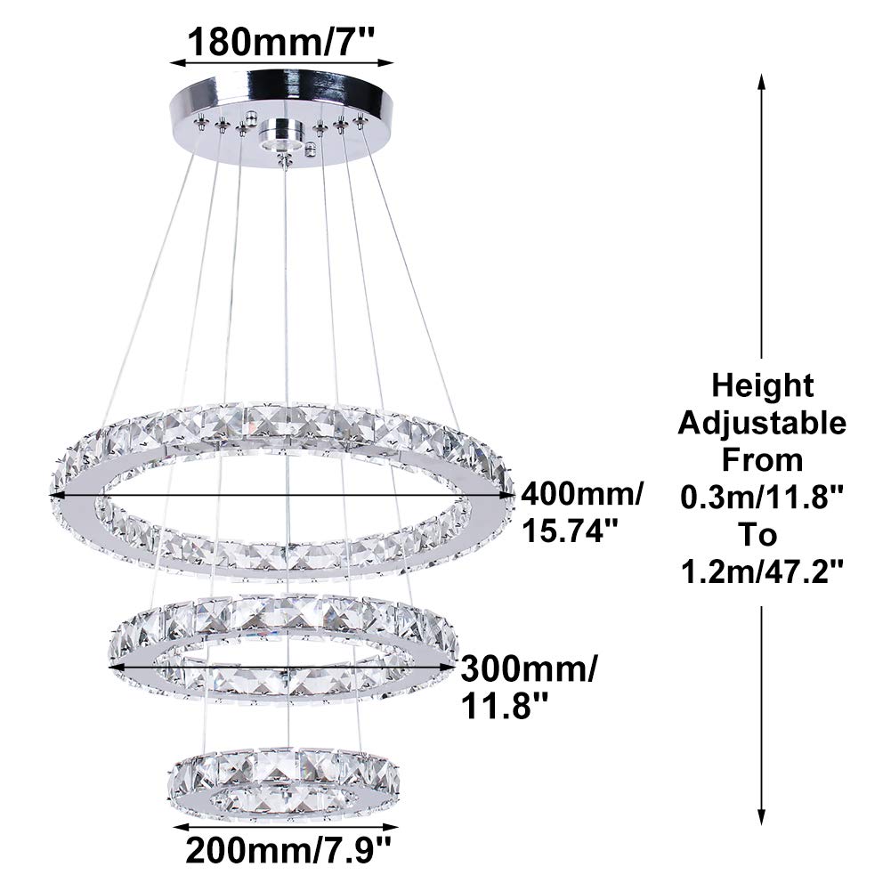 diisunbihuo LED Chandelier Modern Crystal Pendant Light Adjustable 20/30/40in Warm White Silver for Bedroom Living Room Dining Room