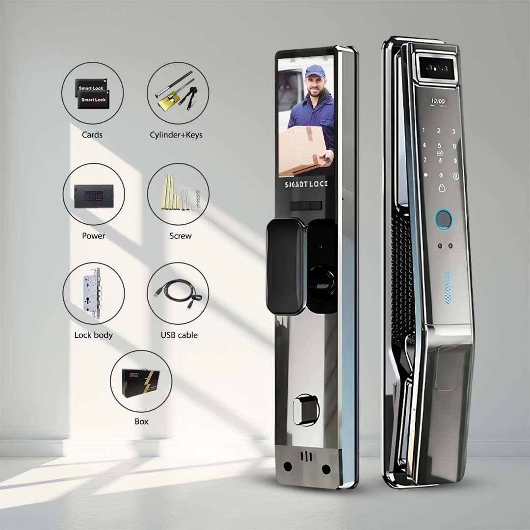 Smart Door Lock with 3D Face Recognition & Camera – 7-in-1 Keyless Entry via Palm Vein, Fingerprint, Passcode, Card, WiFi App (JLink), Key, Video Intercom & Doorbell, Alexa - Easy Install