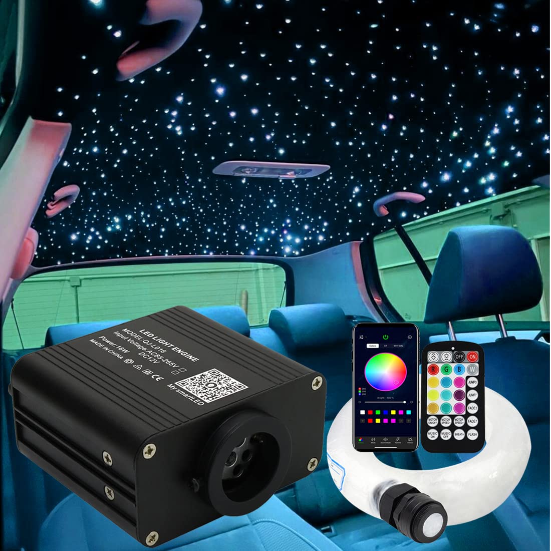 AZIMOM Fiber Optic Starlight Headliner Kit, 500pcs 0.03in 9.8ft, Black, Model USC-Black16WT, Twinkle & Sound Activated