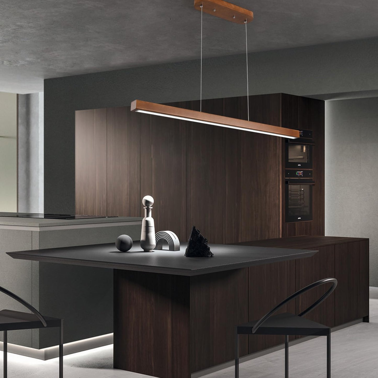 Yisdesign 47 Wood Linear Pendant Light Fixtures Modern Led 36W Dimmable Pendant Lighting Ceiling Hanging Lights Wood Linear Chandeliers For Kitchen Island Dining Room Pool Table Walnut Color