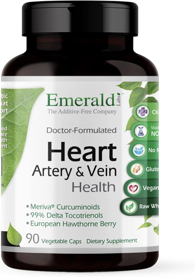 Emerald Labs Heart, Artery & Vein Health - Heart Health Support with Hawthorn Berry, Meriva Turmeric, Vitamin K2 as Vital Delta MK-7 & More - Gluten-Free - 90 Vegetable Capsules (30-Day Supply)