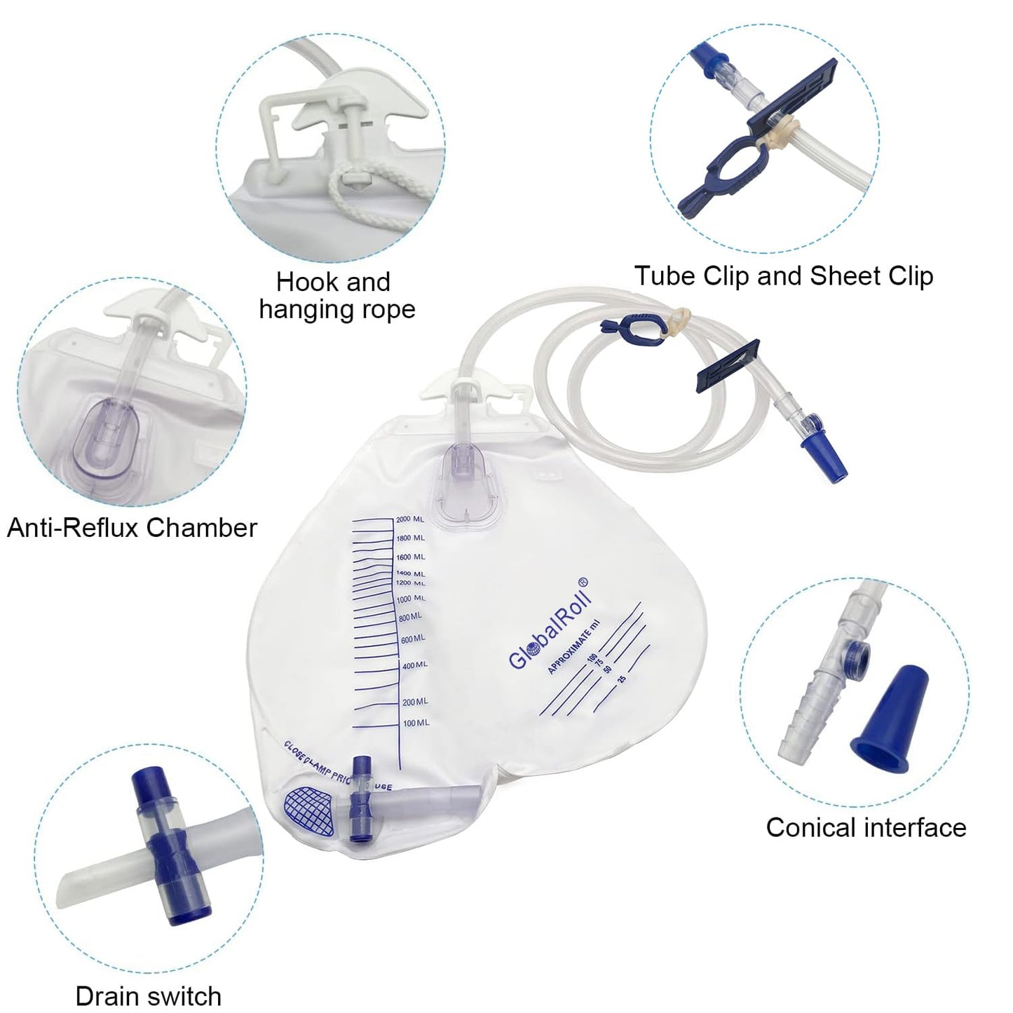 GlobalRoll Urinary Drainage Bag with Anti-Reflux Chamber, Urine Bag with 2000 mL Volume, 48" Drainage Tube, Clips and Hanging Hook, Professional Urinary Bag for Home and Hospitals Health Aids, 5 Pack
