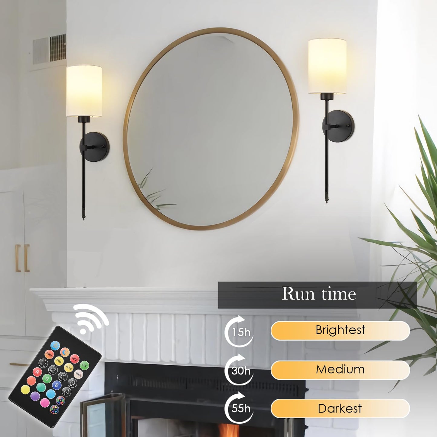 KARTOOSH Battery Operated Wall Sconce Set of Two, Dimmable, 1800K-6000K, 26.8 Inch, Black, Wireless with Remote Control, Model