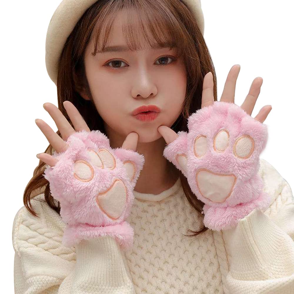 Lifenanny Cute Cat Paw Gloves, Winter Faux Fur Plush Soft Warm Half Finger Cosplay Gloves for Women Girls (Pink)