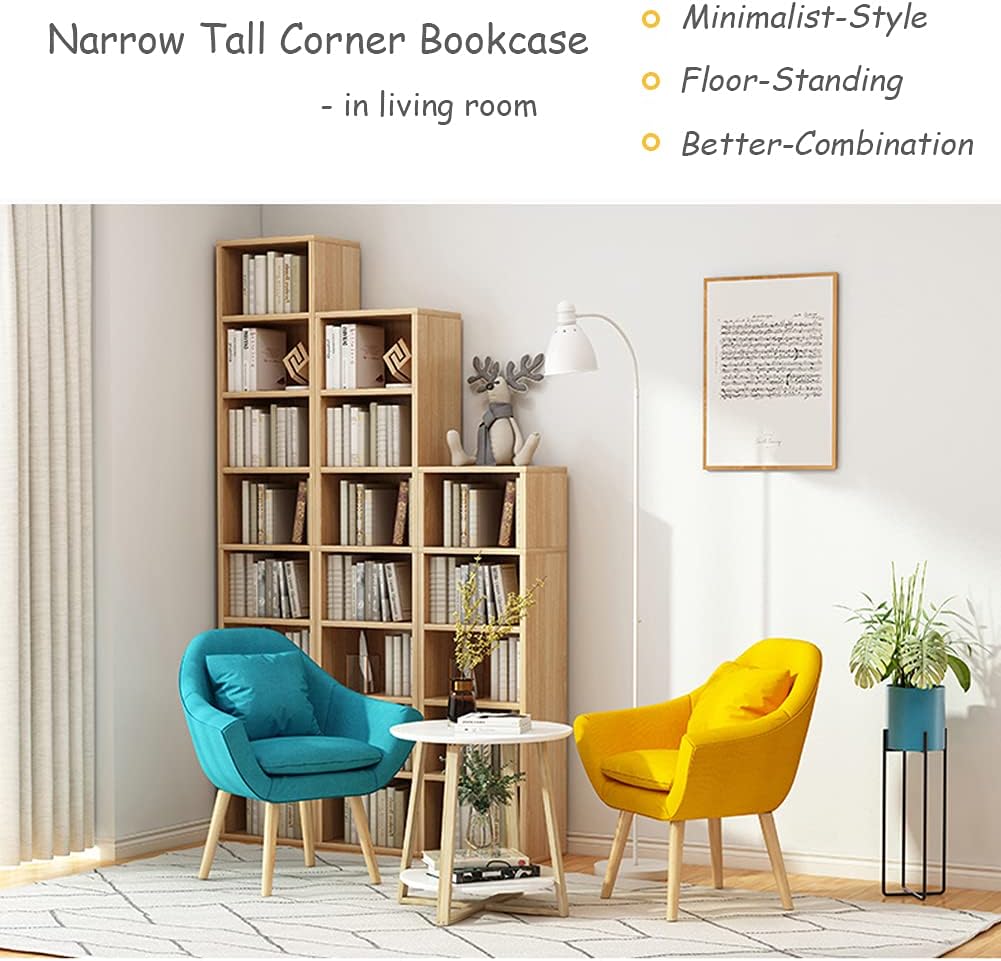 IOTXY Small Narrow Corner Bookcase - 47 Inches Tall Gap Freestanding Storage Cabinet, 4 Lattices Open Shelves Tower Rack with Door, Cubes Bookshelf in Oak