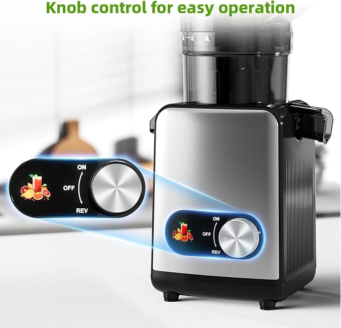Crzoe Cold Press Juicer with a 4.35 Wide Feed Chute for Whole Fruits and Vegetables, Knob control, Slow Masticating juicer, Easy to Clean Low noise and High juice Yield, Stainless Steel