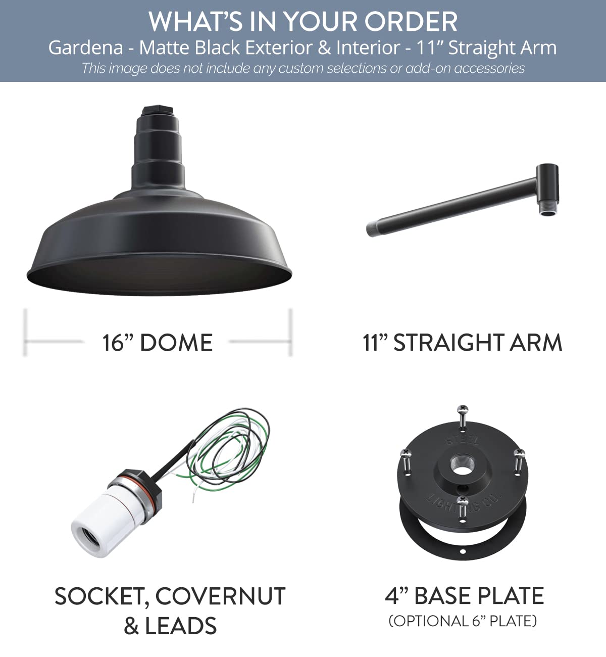 Steel Lighting Co. Gardena Barn Light - 16 Dome, 11 Straight Arm, Matte Black, Outdoor Wall Mounted, Made In America