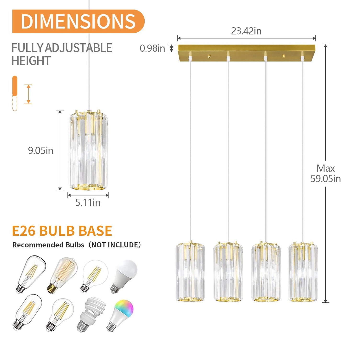 Zhllmq Gold Pendant Lighting Modern Pendant Light  Mini Crystal Chandeliers Adjustable Pendant Light Fixture For Kitchen Island Dinning Room Corridor Bedroom(Gold 4-Light)