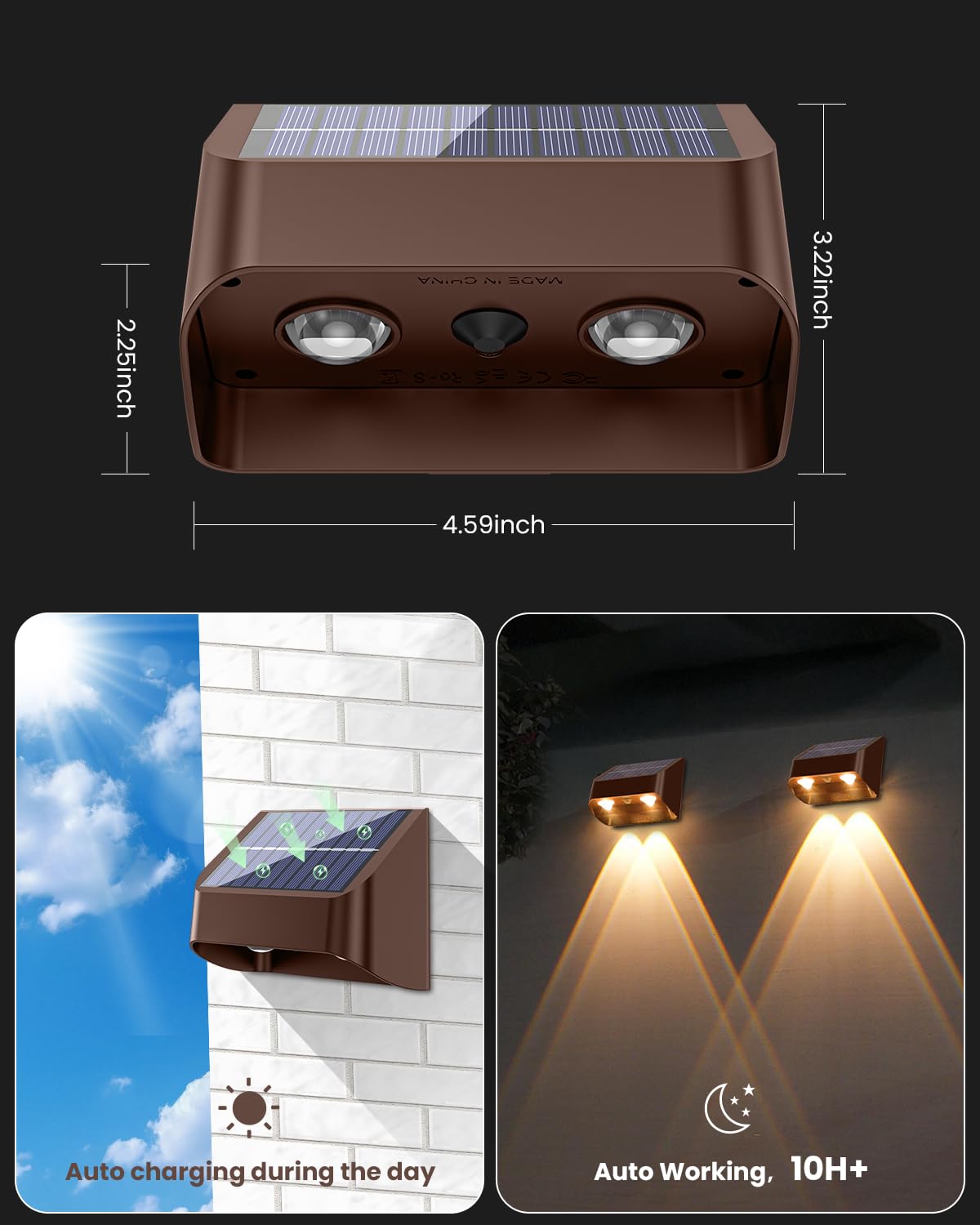 FLITI Solar Fence Lights - 3000/4000/6000K, Waterproof, Dusk to Dawn, 12 Pack, Model swv-3108, Brown