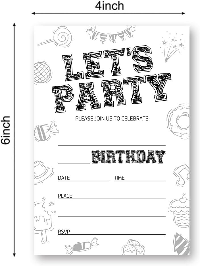 Birthday Invitations with Black and White Design, Birthday Invitations for Boys Teens Kids Girls, Birthday Invitations, Birthday Party Invitations. (Let's Party (082))