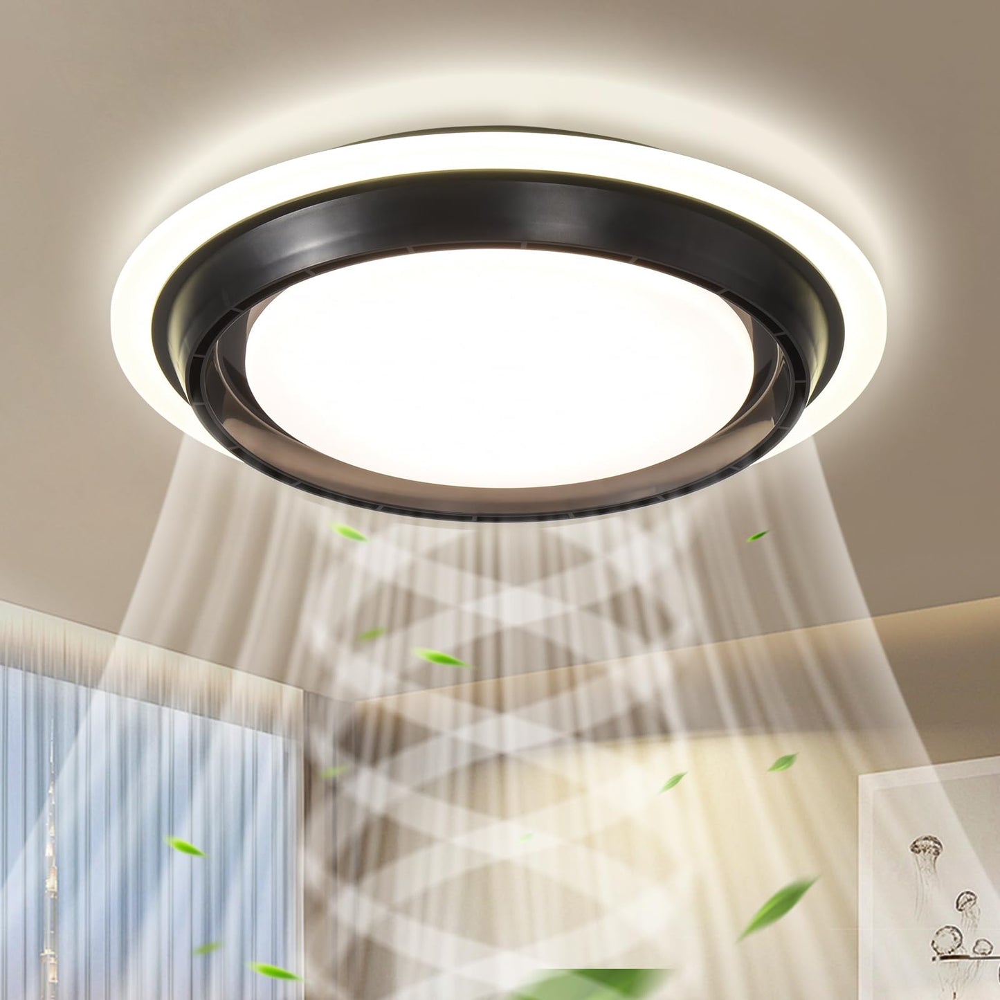 Ahawill Low Profile Ceiling Fan With Light,19.29In Bladeless Ceiling Fan With Remote Control,Enclosed Flush Mount Fandelier,6 Wi