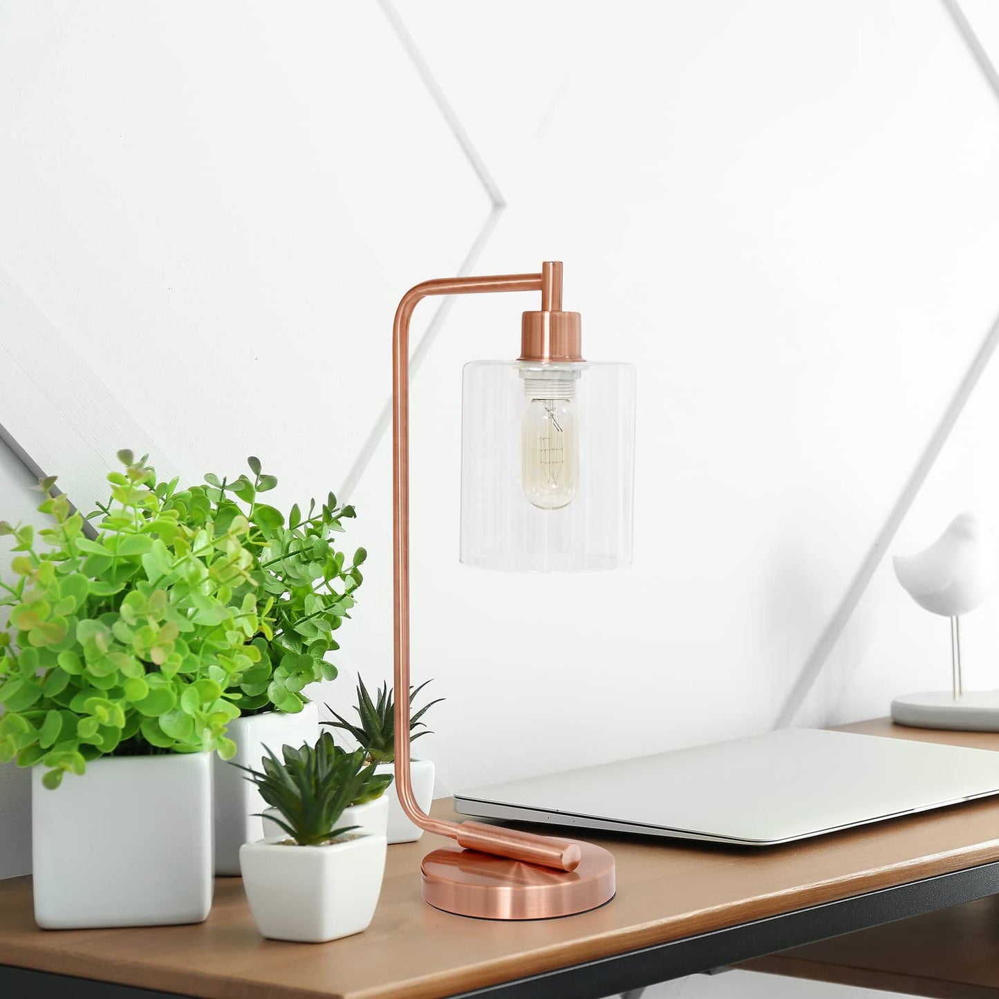 LALIA HOME Modern Iron Desk Lamp, Glass Shade, Rose Gold, Model LHD-2003-RG