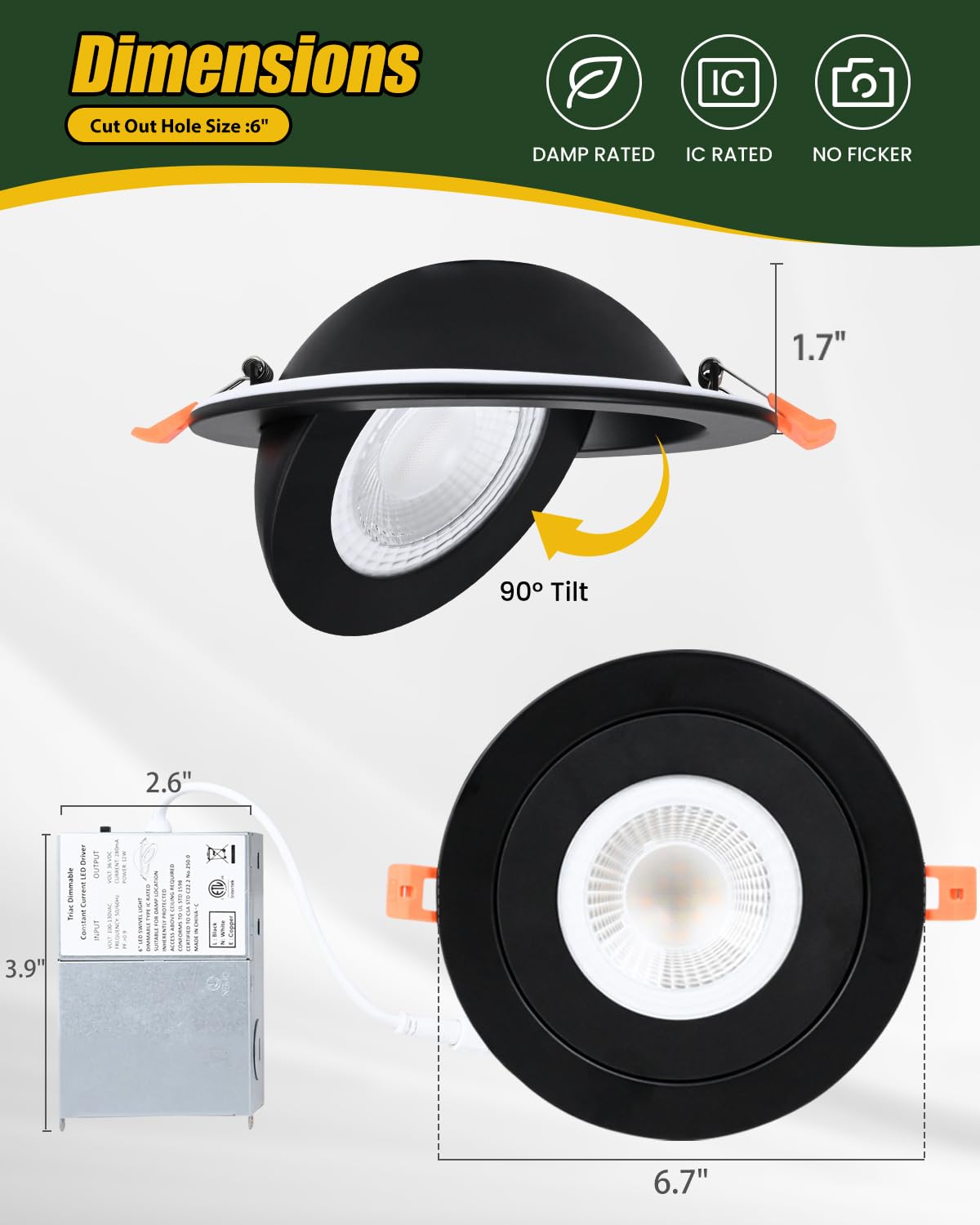 Zyc Gimbal Led Recessed Lighting - 6 Inch 5Cct 12W 360 Rotation Adjustable Eyeball Light Led Swivel Spotlight Directional Sloped Ceiling Light Dimmable Canless Wafer Downlight Pack Of 6 Black.