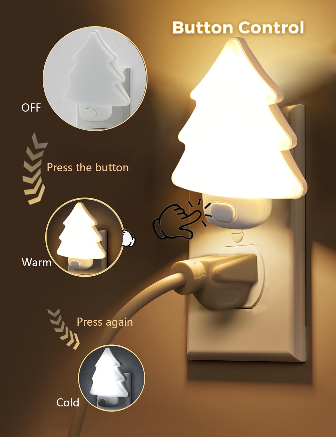 Led Night Light Christmas Tree Lights Plug Into Wall [2 Pack] With Manual On-Off  Dimmable Nightlights Warm/White Wall Art For Home Decor Bathroom Hallway Bedroom Kids Room Apartment  White