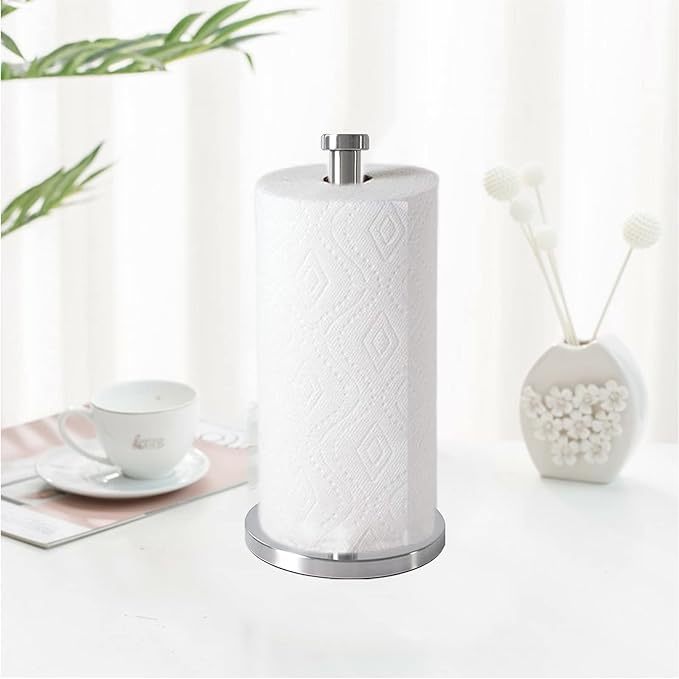 Silver Standing Paper Towel Holder for Kitchen& Bathroom Countertop,Under Counter, Table Or BBQ, Standard or Jumbo-Sized Roll Paper (with Stainless Steel Base)