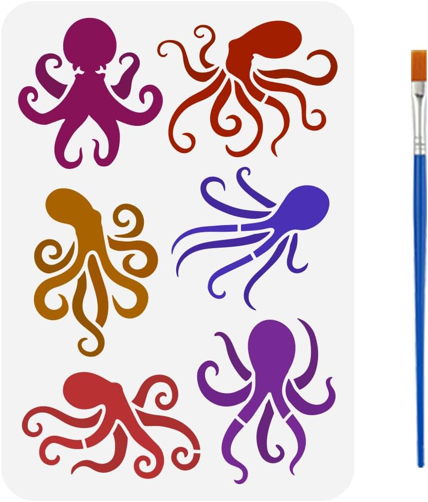 FINGERINSPIRE Octopuses Stencil with 1Pc Plastic Paint Brush 8.3x11.7inch Reusable Octopus Pattern Animal Theme Template for Painting on Wall Wood Fabric Canvas Furniture DIY Home Decoration