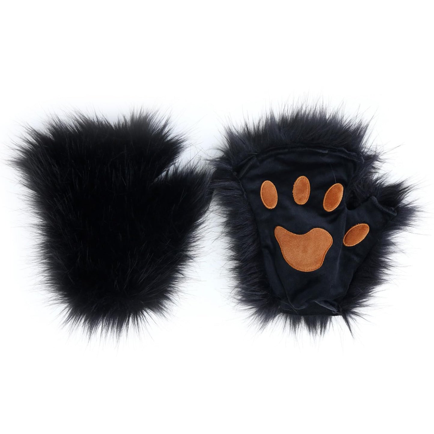 Fuzzy Faux Fur Paw Gloves, Women Men Halloween Costume Bear Cat Claw Mittens Cosplay Party Wolf Dog Paw Gloves Dress Up Props Winter Thick Warm Plush Half Finger Mitts Hand Warmer Black