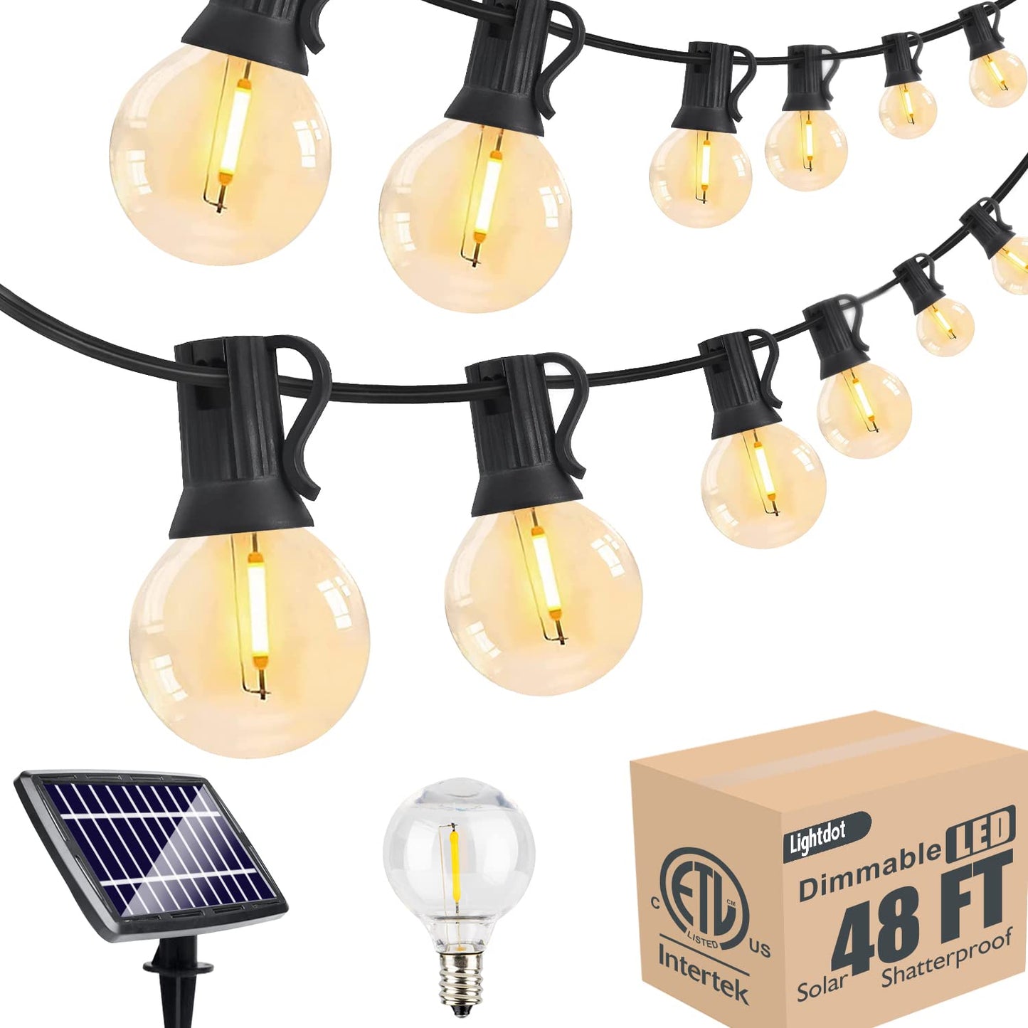 Lightdot Solar Outdoor String Lights, 48FT, Warm White, Waterproof, 16 Shatterproof LED Bulbs