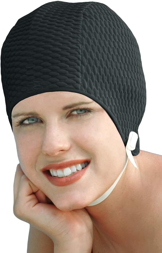Bathing Caps for Women: Waffle Weave Chin Strap Swim Cap Black
