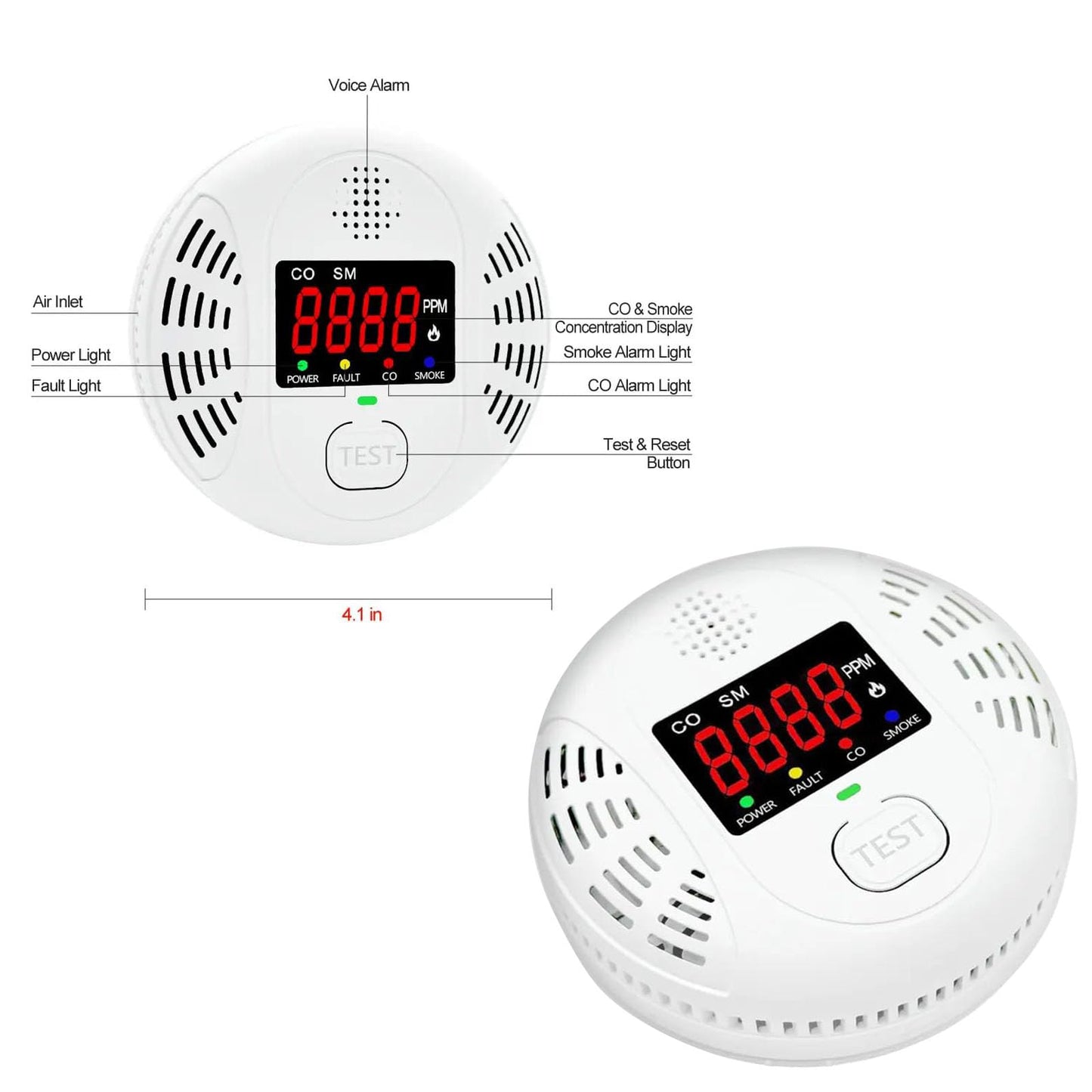 Vzmcov Carbon Monoxide and Smoke Detector Equipped with LCD Display, Battery Powered, Dual Sensor Alarm, 85dB Voice Alarm and Real-time CO Tracking, Suitable for Home/Kitchen/Bedroom/RV 1-Pack